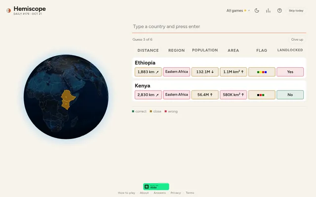 Hemiscope Daily #179 for 21 October: guesses Kenya and Ethiopia with distance, region, population, area, flag and landlocked clues beside a globe, Guess 3 of 6