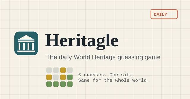 Heritagle share card with the game's temple icon, its name and a grid of guess tiles