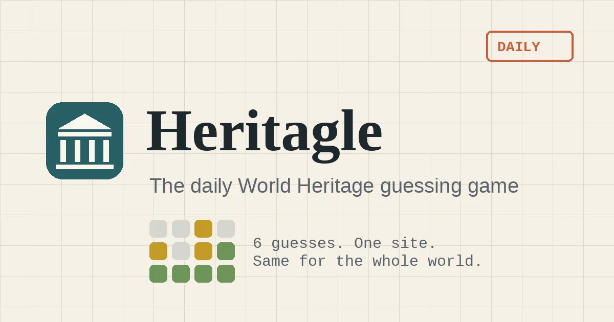 Heritagle share card with the game's temple icon, its name and a grid of guess tiles