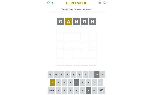 Hero Mode Zwelda board after a first guess, GANON, with the A marked gold and the other letters grey, above the on-screen keyboard