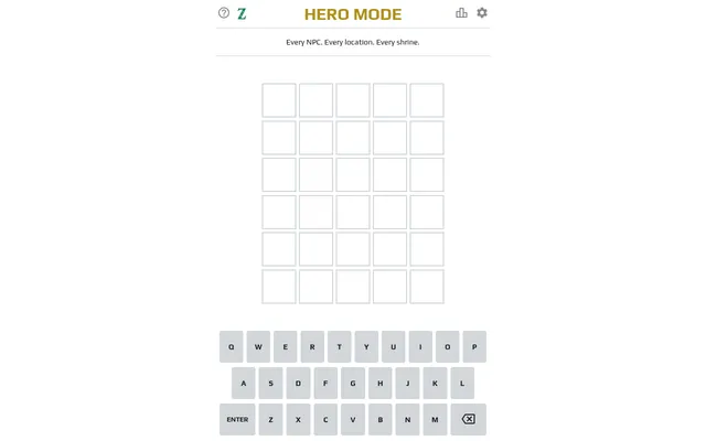 Hero Mode Zwelda board: the Hero Mode title and the line Every NPC. Every location. Every shrine., above an empty six-row grid and a keyboard
