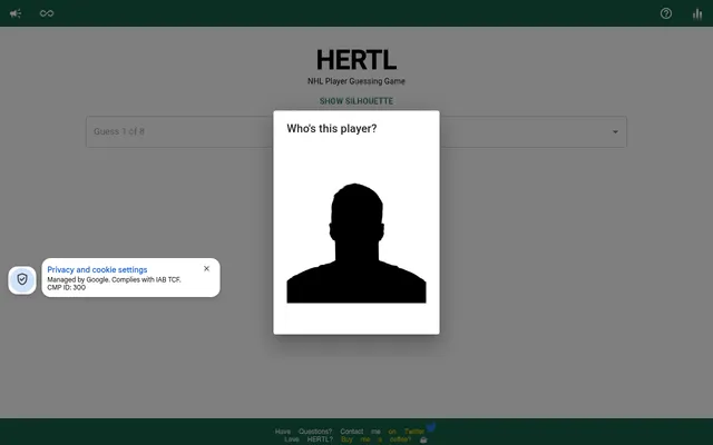 Hertl's daily silhouette clue: a black head-and-shoulders silhouette of today's mystery NHL player under Who's this player?, over the Guess 1 of 8 box