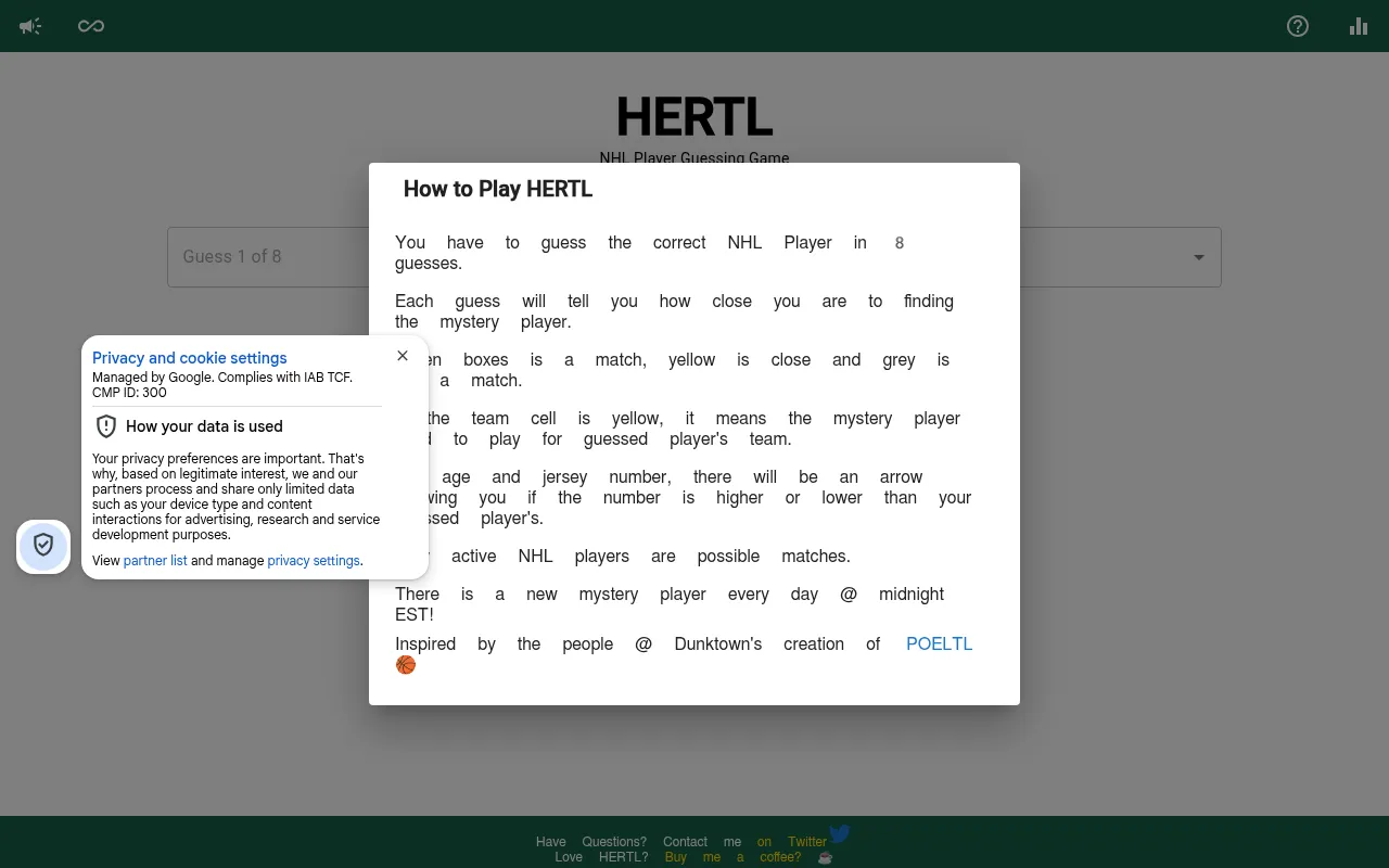 The How to Play HERTL box over the game, listing the eight guesses, the green, yellow and grey cells and the new mystery player every day at midnight EST