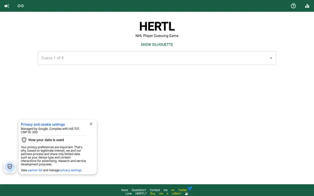 The Hertl start screen: the HERTL title, the line NHL Player Guessing Game, a Show Silhouette button and the empty Guess 1 of 8 box