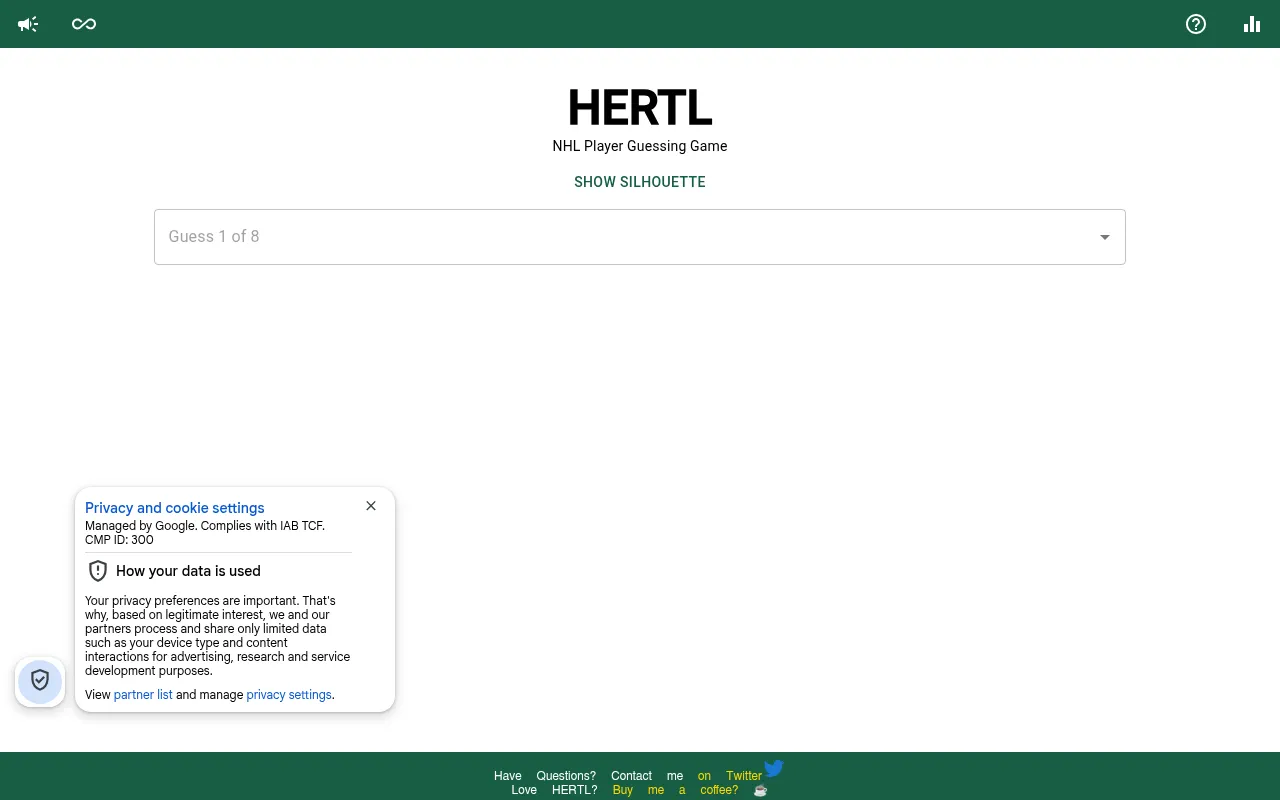 The Hertl start screen: the HERTL title, the line NHL Player Guessing Game, a Show Silhouette button and the empty Guess 1 of 8 box