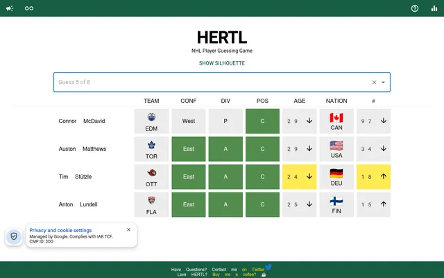 Today's Hertl board at desktop size: four guesses (McDavid, Matthews, Stützle, Lundell) in rows of team, conference, division, position, age, nation and number cells in green, yellow and grey