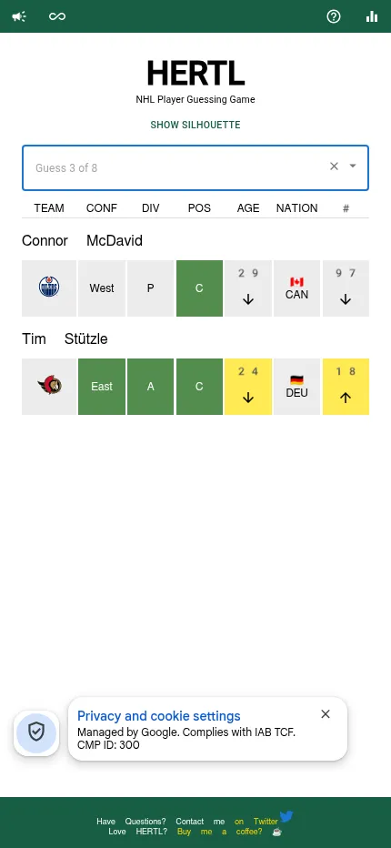 Hertl on a phone: two guessed NHL players, Connor McDavid and Tim Stützle, with their cells compared against the day's mystery player and Guess 3 of 8 above
