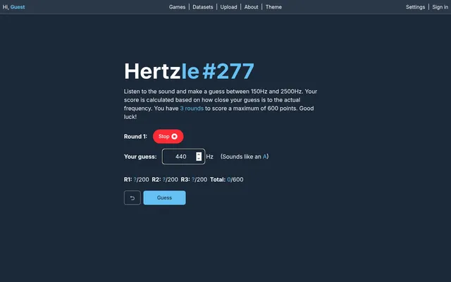 Hertzle #277 on HalfQuiz: round 1 with a Stop button for the tone, a guess of 440 Hz marked Sounds like an A, and scores for three rounds out of 600