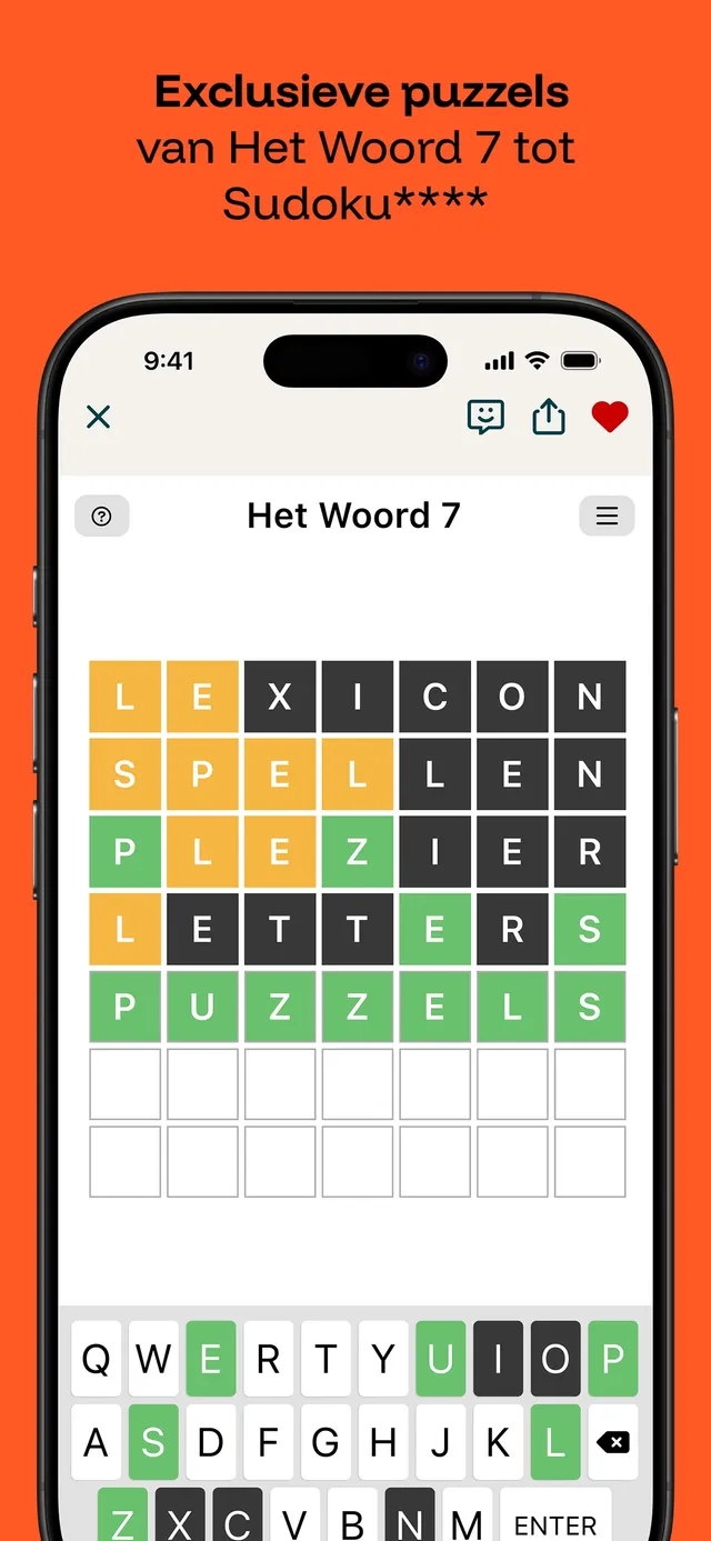 Het Woord 7 in the Puzzelfit app: a grid of seven-letter guesses with green, yellow and grey tiles above a keyboard