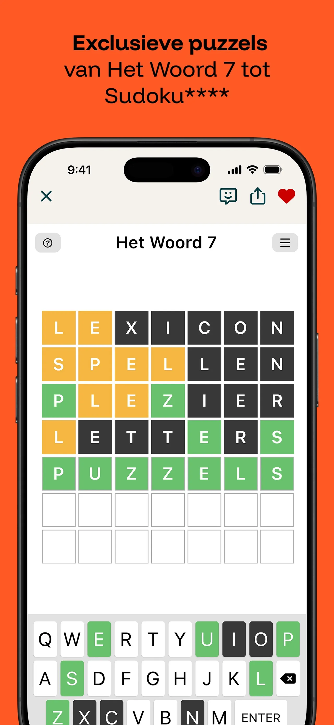 Het Woord 7 in the Puzzelfit app: a grid of seven-letter guesses with green, yellow and grey tiles above a keyboard
