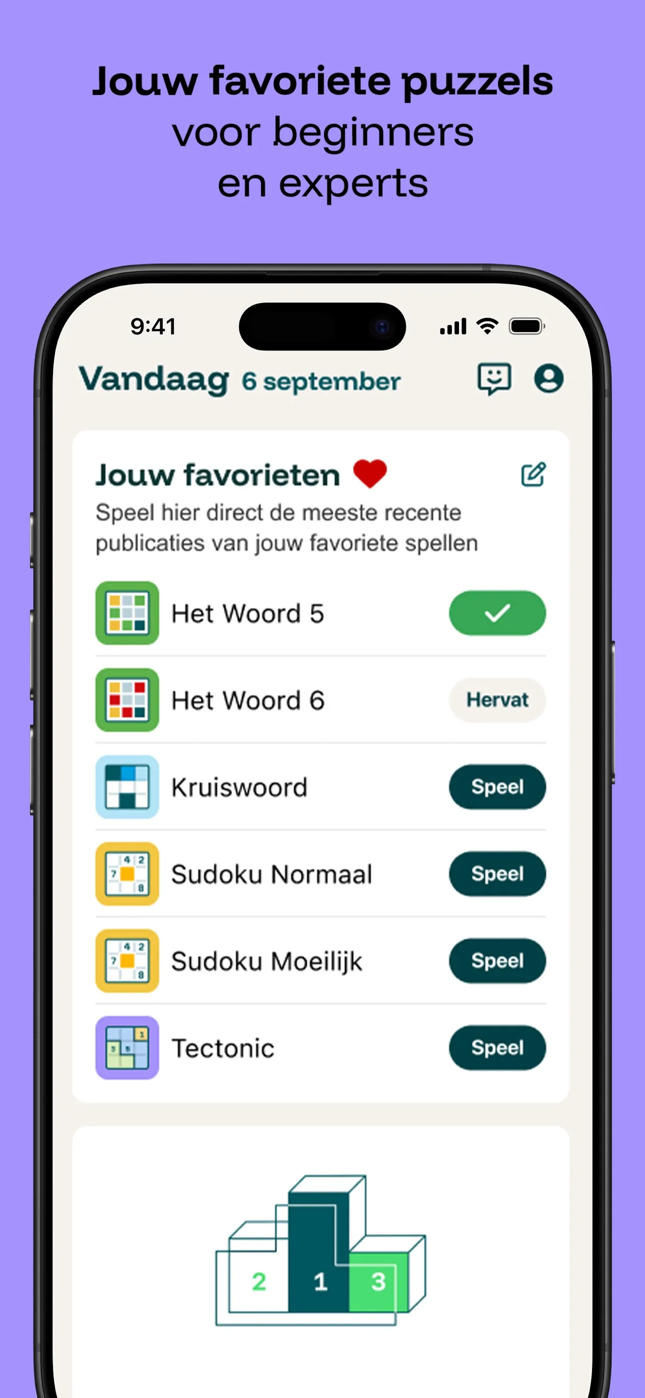 Puzzelfit's Vandaag screen listing Het Woord 5, Het Woord 6, a crossword, sudokus and Tectonic
