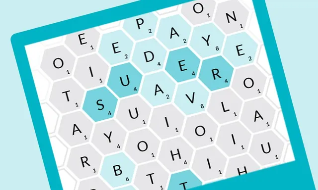 Hex 10 press art: a board of hexagonal letter tiles with point values and a word path highlighted in blue