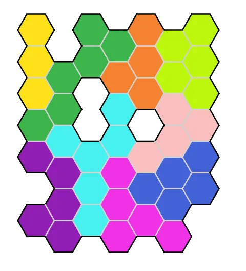 A solved example HexaBlocks grid from PuzzleMadness's rules: coloured hexagon pieces covering every cell around two holes