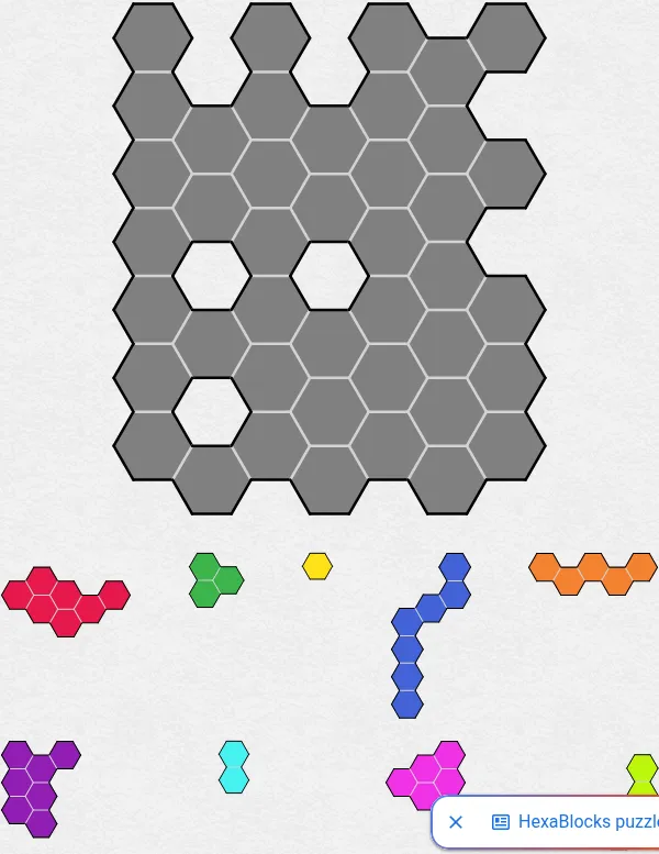 Today's Medium HexaBlocks puzzle on PuzzleMadness for 3 October 2026: an empty grey grid of hexagons with three holes, and coloured hexagon pieces laid out underneath