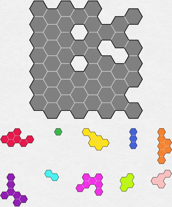 The Medium HexaBlocks puzzle on PuzzleMadness for 28 October 2026: an empty grey hexagon grid with three holes, and ten coloured pieces laid out below it