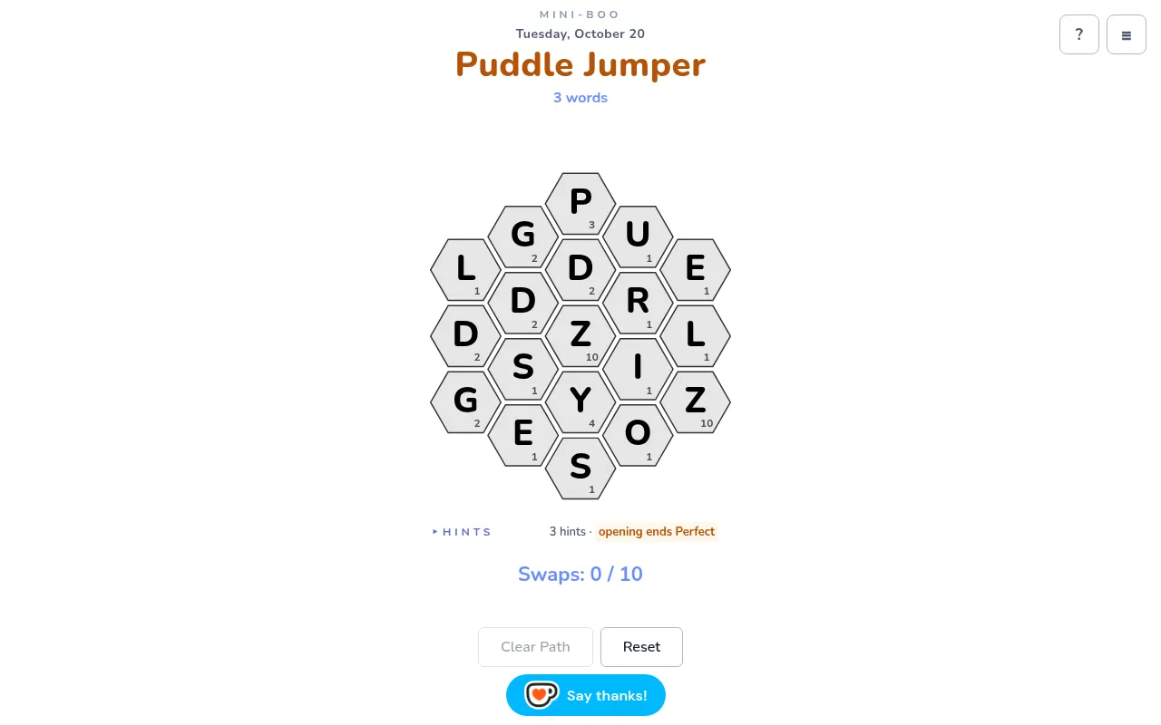 The Daily Mini-Boo for 20 October 2026, Puddle Jumper: a full honeycomb of scrambled letters hiding three words, with 10 swaps