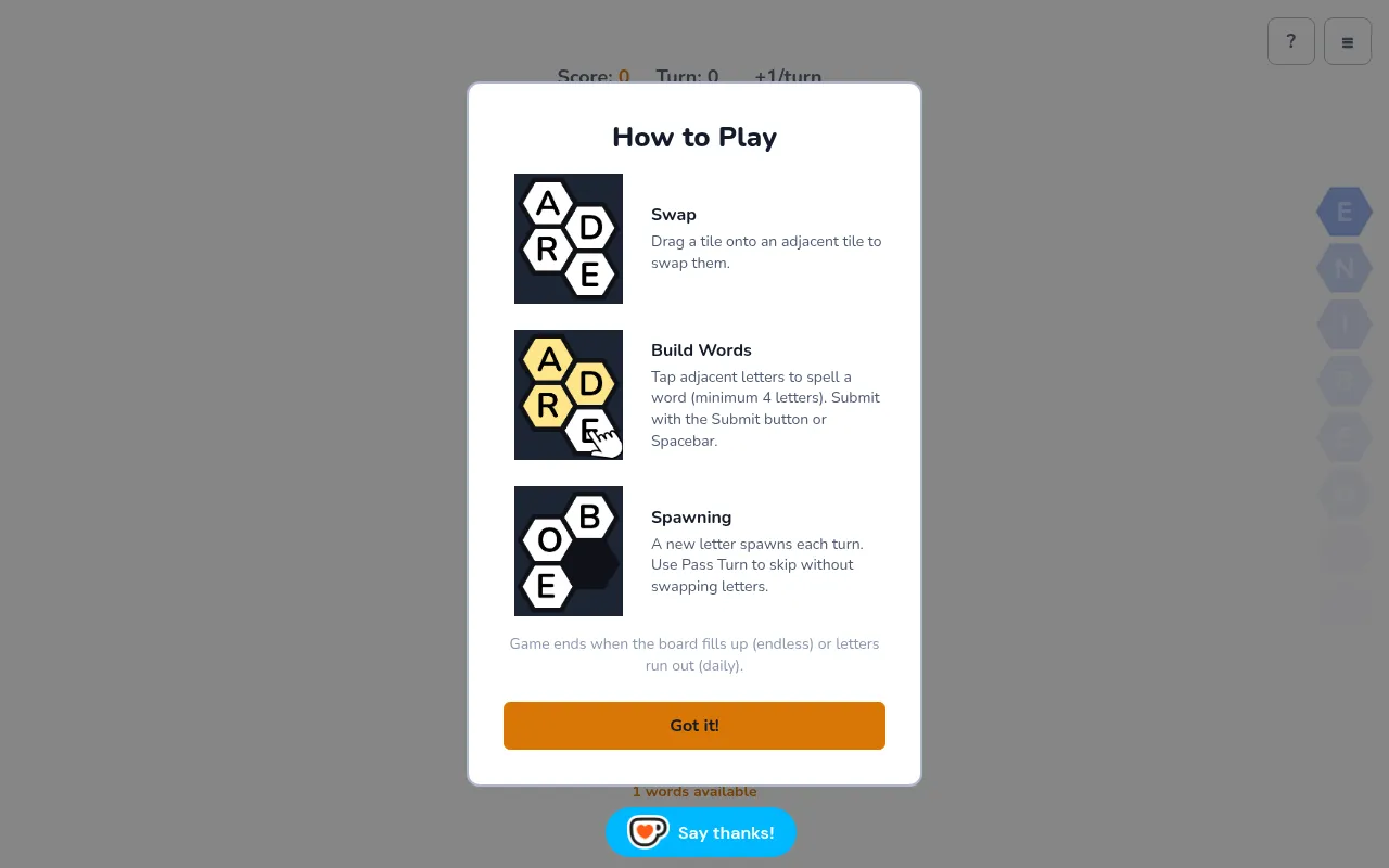 Hexaboo's How to Play panel over the daily board: swap tiles, build words of four letters or more, and a new letter spawns each turn
