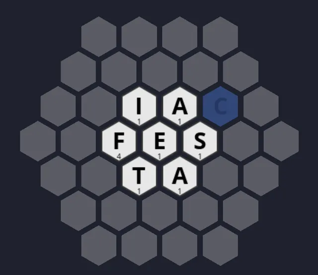 A Hexaboo honeycomb board with letter tiles spelling FESTA in the middle and a blue C tile beside them