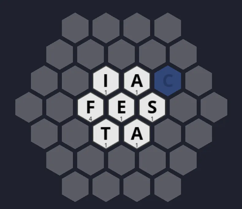A Hexaboo honeycomb board with letter tiles spelling FESTA in the middle and a blue C tile beside them