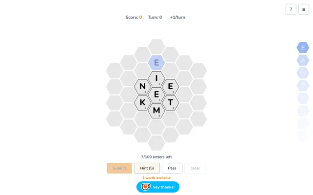 Today's Daily Hexaboo board on 20 October 2026: letters N, I, E, E, K, T and M in the honeycomb, the next letters in a strip at the side