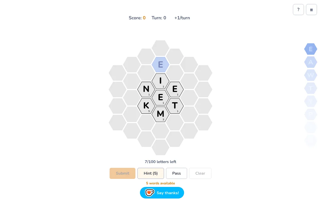 Today's Daily Hexaboo board on 20 October 2026: letters N, I, E, E, K, T and M in the honeycomb, the next letters in a strip at the side
