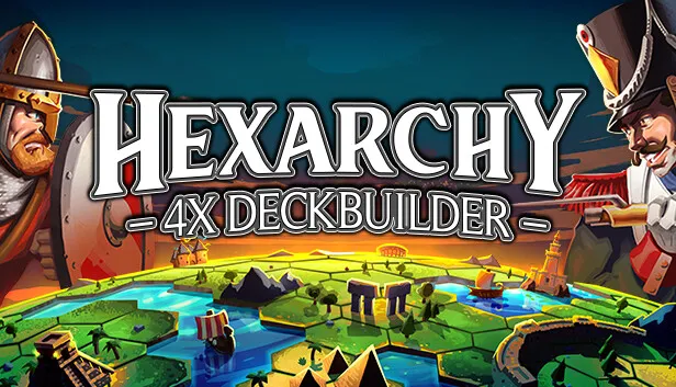 Hexarchy 4X Deckbuilder store art: a knight and a Napoleonic officer on either side of a hex-tiled world