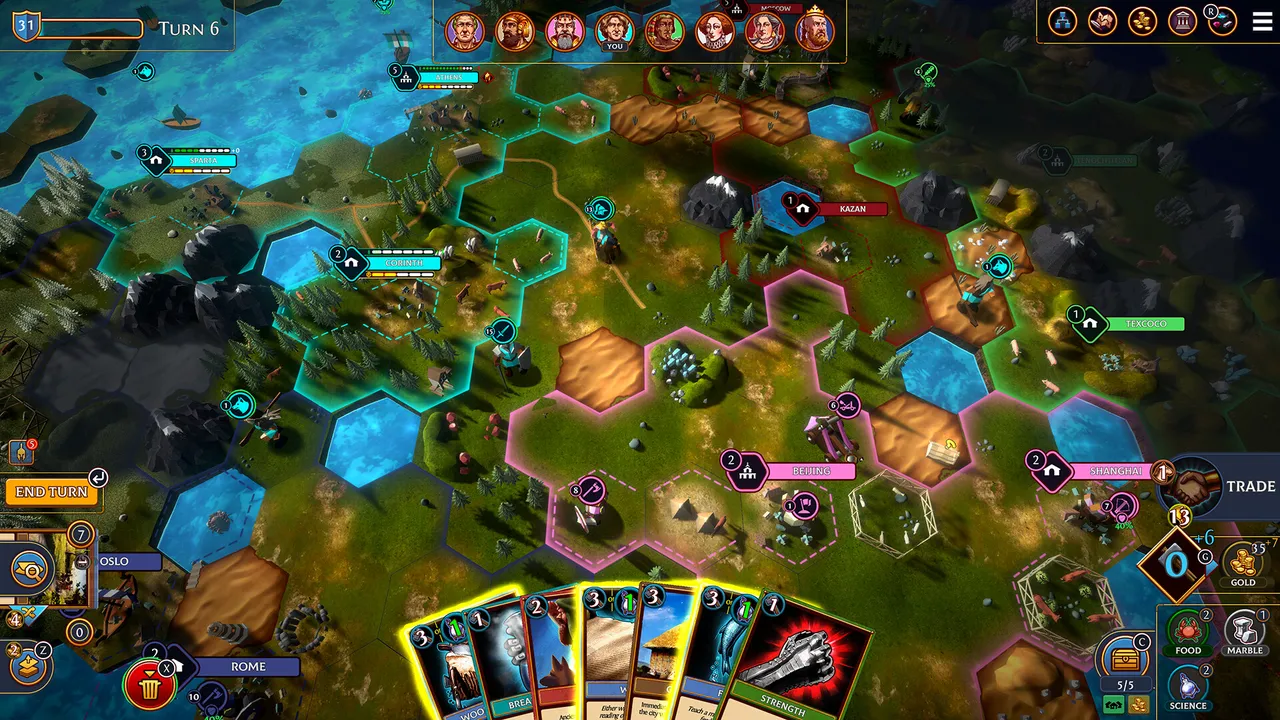 Hexarchy map: coloured territories of cities like Athens, Beijing and Rome on a hex grid, with a hand of cards at the bottom