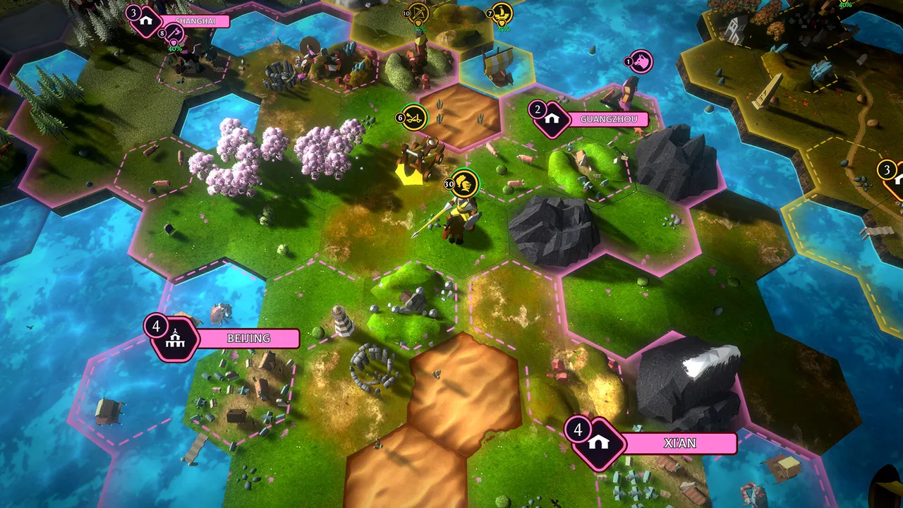 Hexarchy hex map close up: pink-bordered cities Beijing and Xian among forests, hills and desert tiles, with a unit on the board