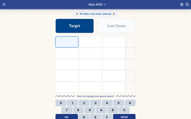 Hexcodle Mini #923: the day's target colour (a deep blue) beside an empty Last Guess box, five empty rows of three hex characters each, and a hex keypad from 0 to F with DEL and ENTER