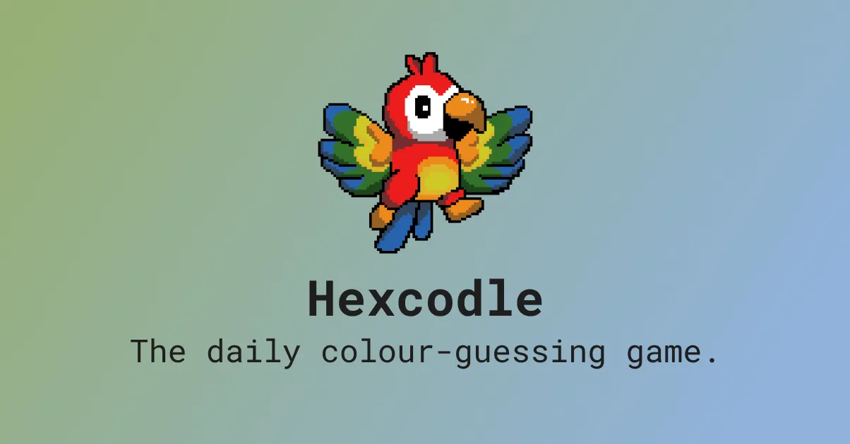 The Hexcodle share image, a pixel-art parrot above the words The daily colour-guessing game