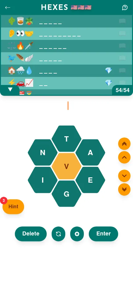Hexes on a phone, 20 October 2026: the emoji-clued word list above the honeycomb with centre V, a Hint button and Delete, shuffle and Enter buttons