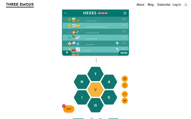 Hexes English puzzle for 20 October 2026 on a desktop: a honeycomb of T, A, E, G, I, N around a golden centre V, below a list of 54 hidden words shown as blanks with three emoji clues