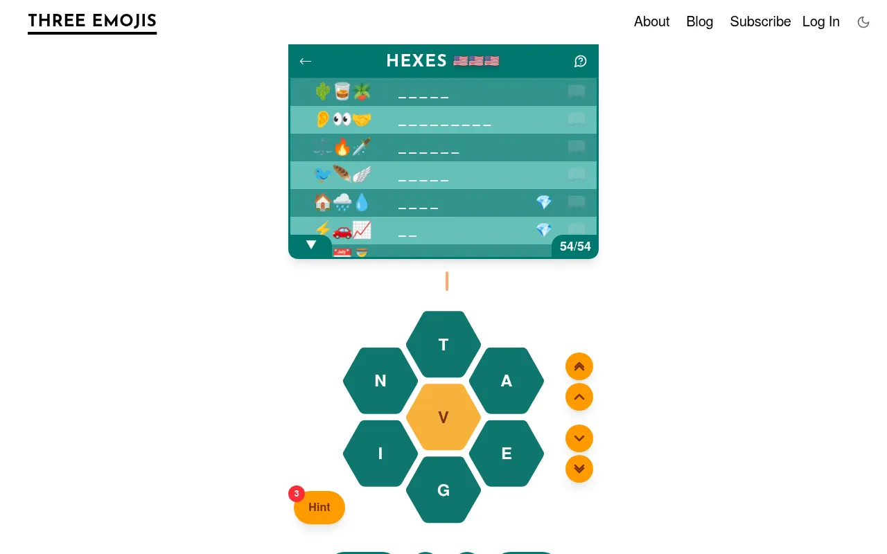 Hexes English puzzle for 20 October 2026 on a desktop: a honeycomb of T, A, E, G, I, N around a golden centre V, below a list of 54 hidden words shown as blanks with three emoji clues