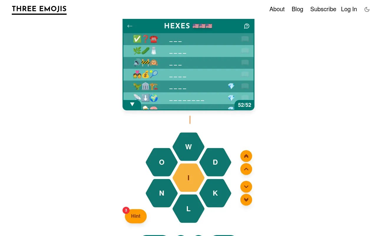 Hexes English puzzle for 3 October 2026: a honeycomb of the letters W, O, D, N, K, L around a golden centre I, below a list of 52 hidden words shown as blanks with three emoji clues each