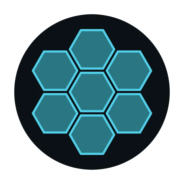 HexHunt's own icon from Teuteuf's games page: a flower of seven teal hexagons on a dark round field, the shape of the game's seven daily places