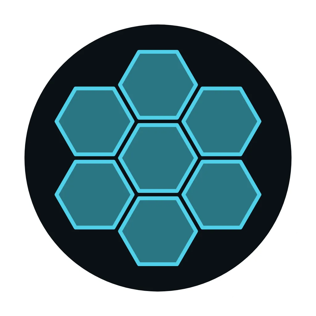 HexHunt's own icon from Teuteuf's games page: a flower of seven teal hexagons on a dark round field, the shape of the game's seven daily places