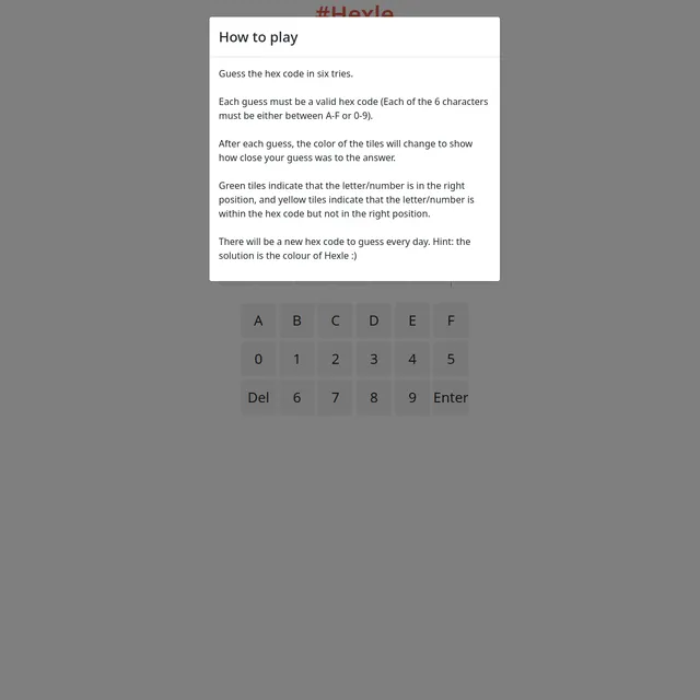 Hexle How to play panel over the hex keypad, explaining green and yellow tiles