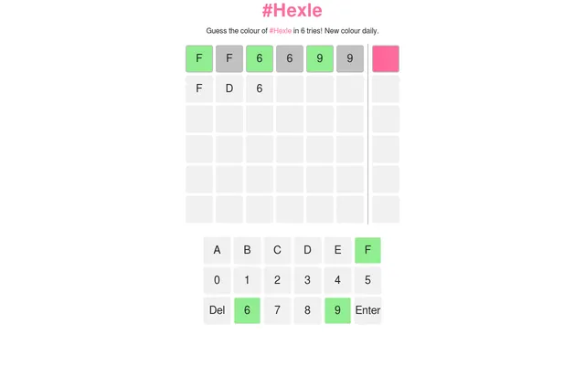 Hexle board on 18 October 2026: a first guess FF6699 with green and grey tiles and its pink swatch, a second guess being typed above the hex keypad