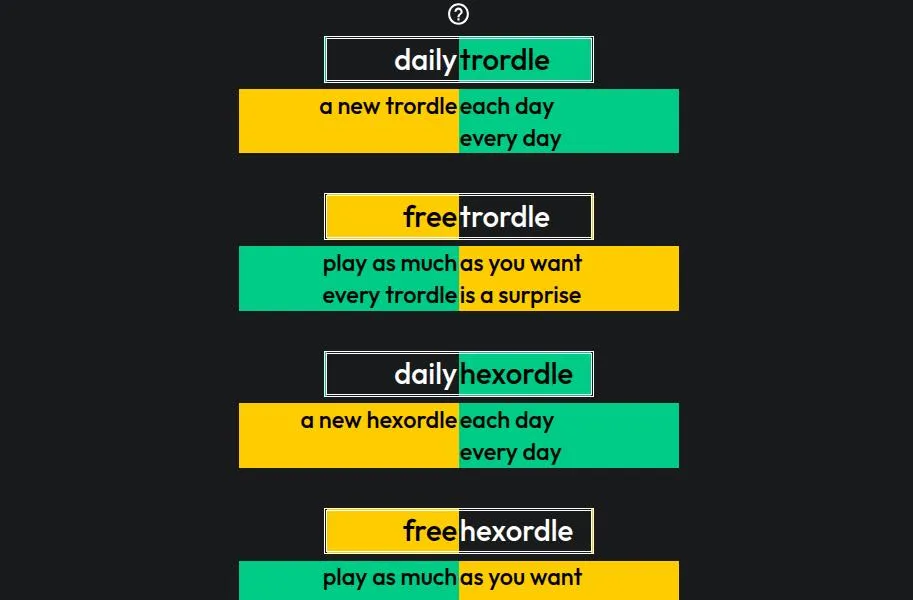 The Hexordle start menu with daily and free modes for Trordle and Hexordle