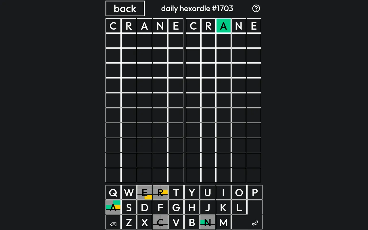 Daily Hexordle #1703 in play: the guess CRANE entered on the first boards, with the split-colour keyboard below