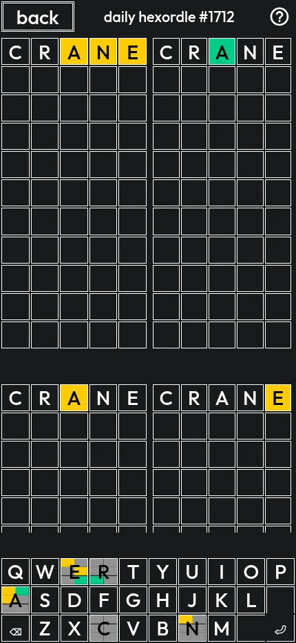 Daily Hexordle #1712 at phone size: CRANE coloured differently on four of the six boards, keyboard at the bottom