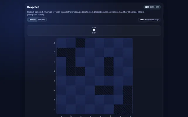 Hexpiece puzzle #256 for 2026-10-05 in Classic mode: an eight by eight board with hatched blocked squares, a score of 0 and the goal Maximize coverage
