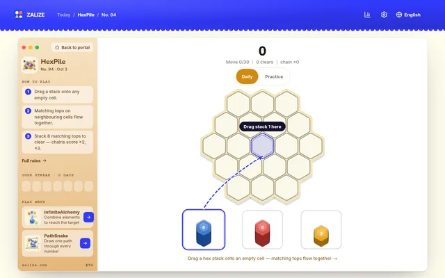 HexPile No. 94 on Zalize for October 3: an empty honeycomb board of nineteen hex cells, move 0 of 30, with blue, red and yellow hex stacks waiting below