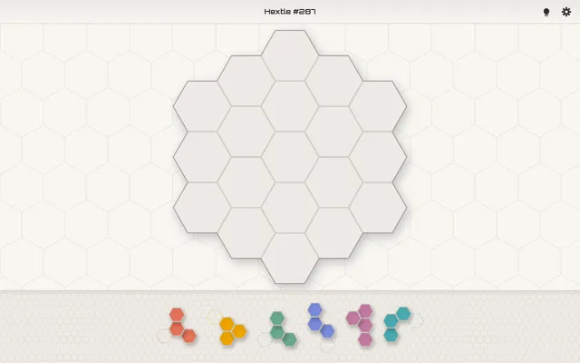 Hextle #287, 29 October 2026: the empty 19-cell honeycomb board with six coloured polyhex pieces in the tray, some with dashed gap cells
