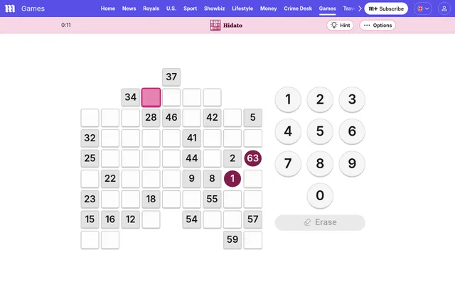 Daily Mail Hidato for 7 October 2026 in play: an irregular grid of cells with given numbers such as 37, 34, 28, 46, 42 and 59, the start 1 and the end 63 circled, beside a 0 to 9 number pad