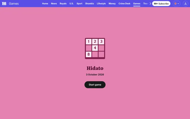 The Hidato start screen on the Daily Mail games page: the game's own icon and name, the date 3 October 2026 and a button to start the day's puzzle
