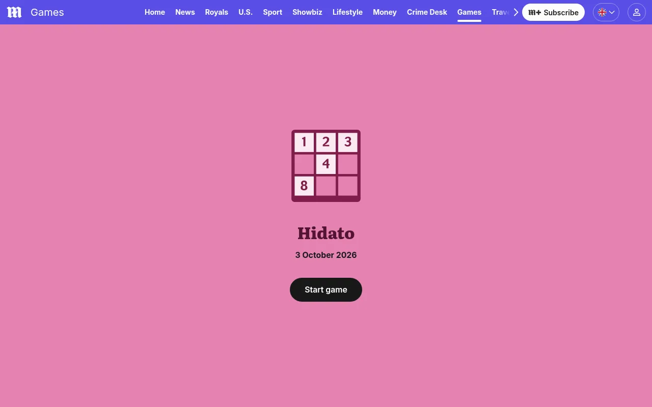 The Hidato start screen on the Daily Mail games page: the game's own icon and name, the date 3 October 2026 and a button to start the day's puzzle
