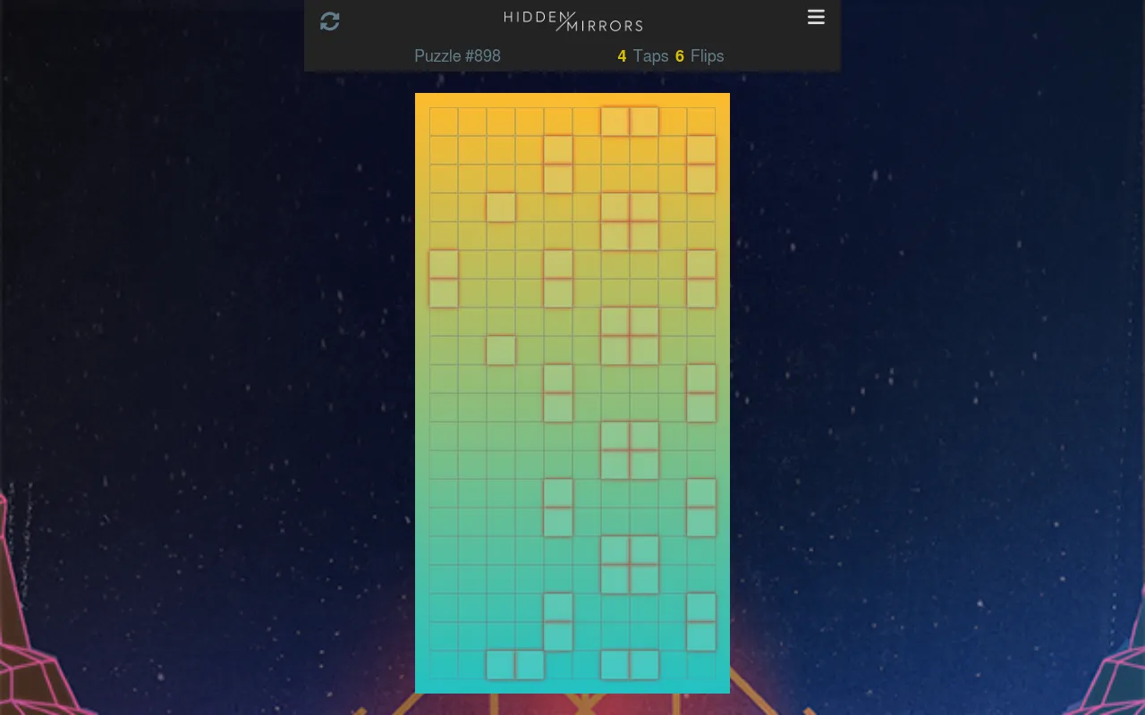 Hidden Mirrors Puzzle #898 on a desktop: a tall grid with today's highlighted tile shape, 4 taps and 6 flips to rebuild it