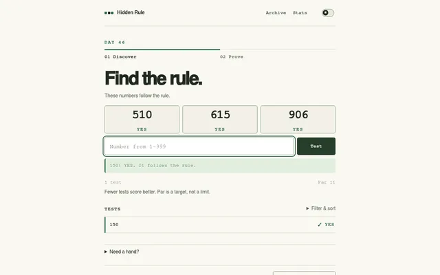 Hidden Rule Day 46 on a desktop: 510, 615 and 906 marked YES, a test of 150 answered YES, par 11