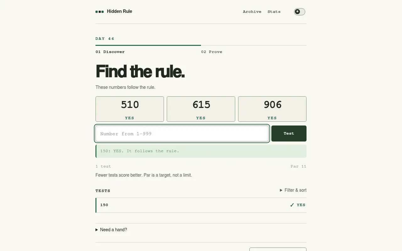 Hidden Rule Day 46 on a desktop: 510, 615 and 906 marked YES, a test of 150 answered YES, par 11